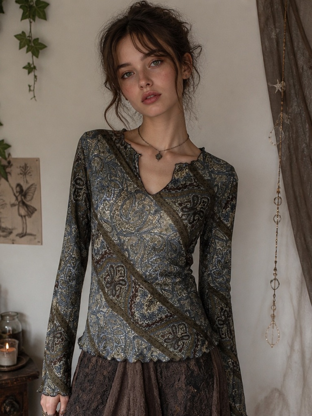 Y2k Women’s Medium Sheer Top Long Sleeve Lettuce Trim Fairy Grunge Boho Hippie
